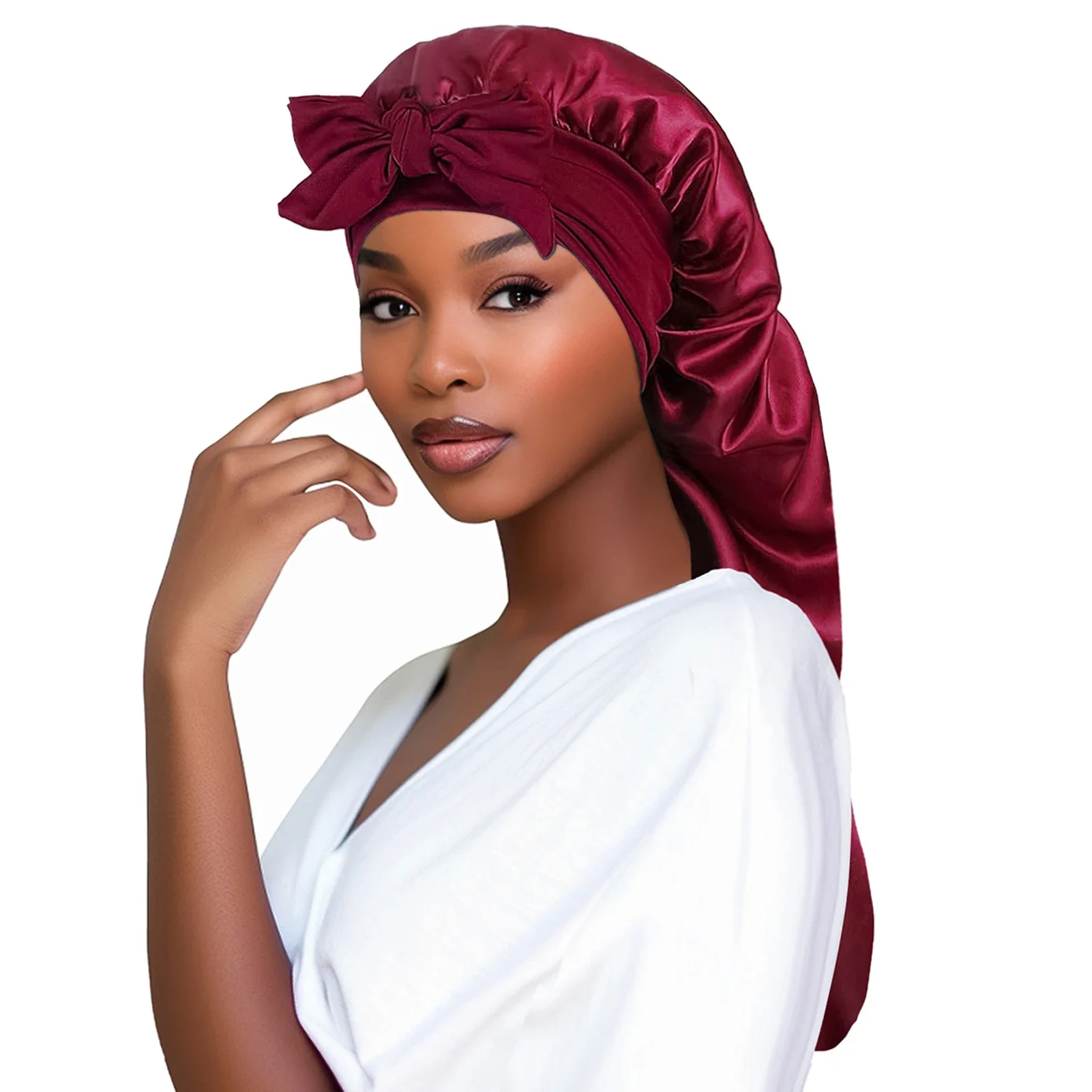 Women Bonnet Satin Sleeping Hat Long Tail Braid Hair Night Sleep Cap Head Cover Bonnets Shower Caps for Sauna Bathing Bonnet 3