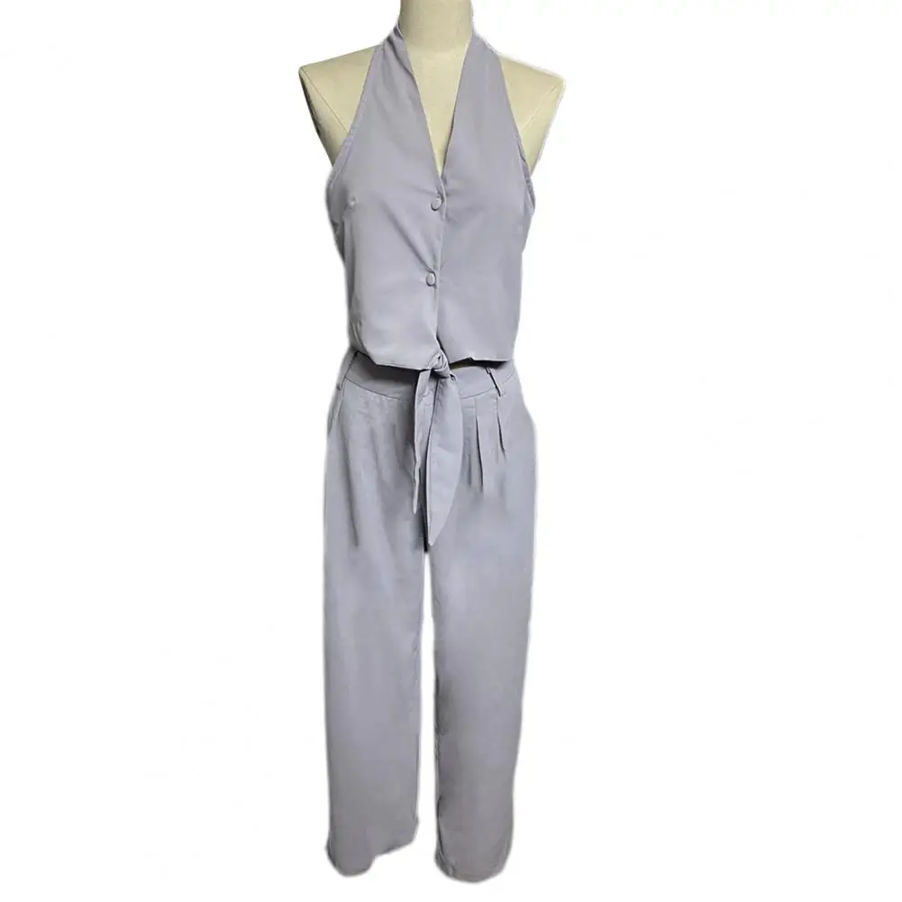 Tie Hem Top Trousers Set Elegant Women's Business Suit Set Halter Neck Sleeveless Vest Wide Leg Trousers Professional Office