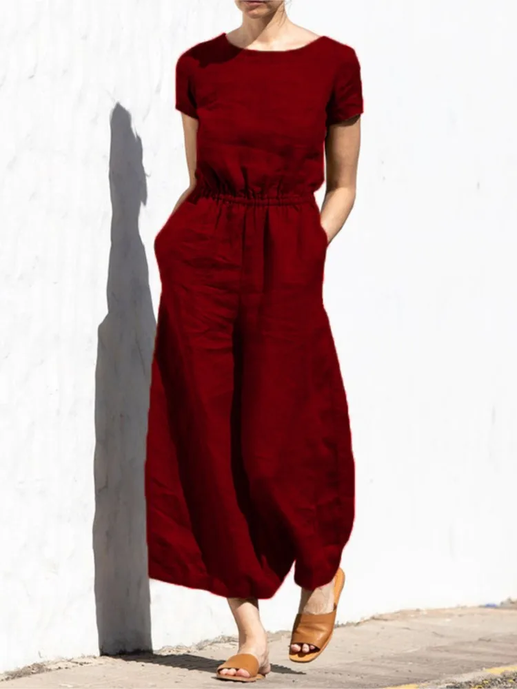 

Fashion Buttoned Women Wide Leg Pant Jumpsuit Summer Solid Round Neck Short Sleeve Pocket Playsuit Ladies Loose One-Piece Pants