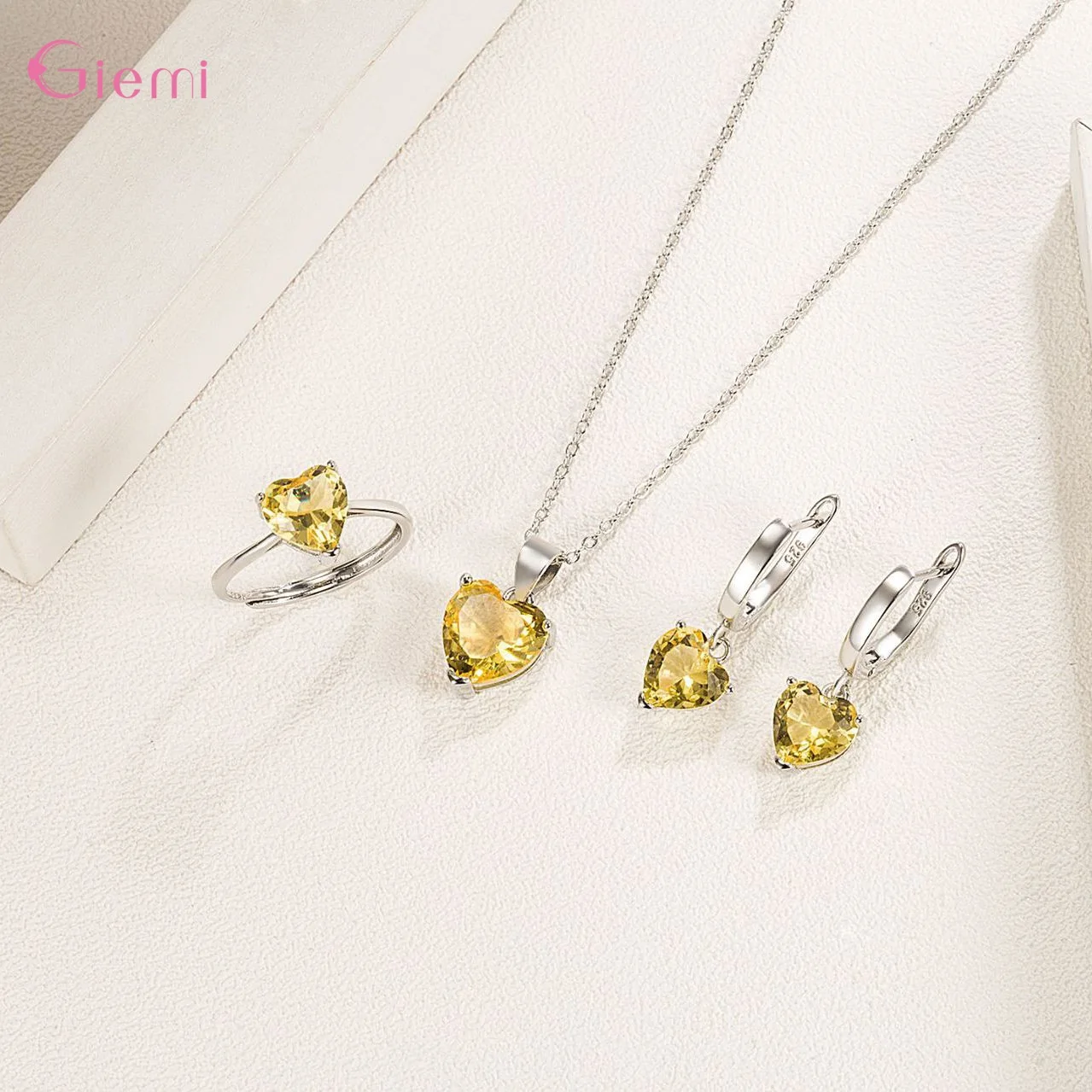 Silver Jewelry Set 925 Sterling Silver Heart Shape Colorful Necklace Earrings Ring for Women Girls