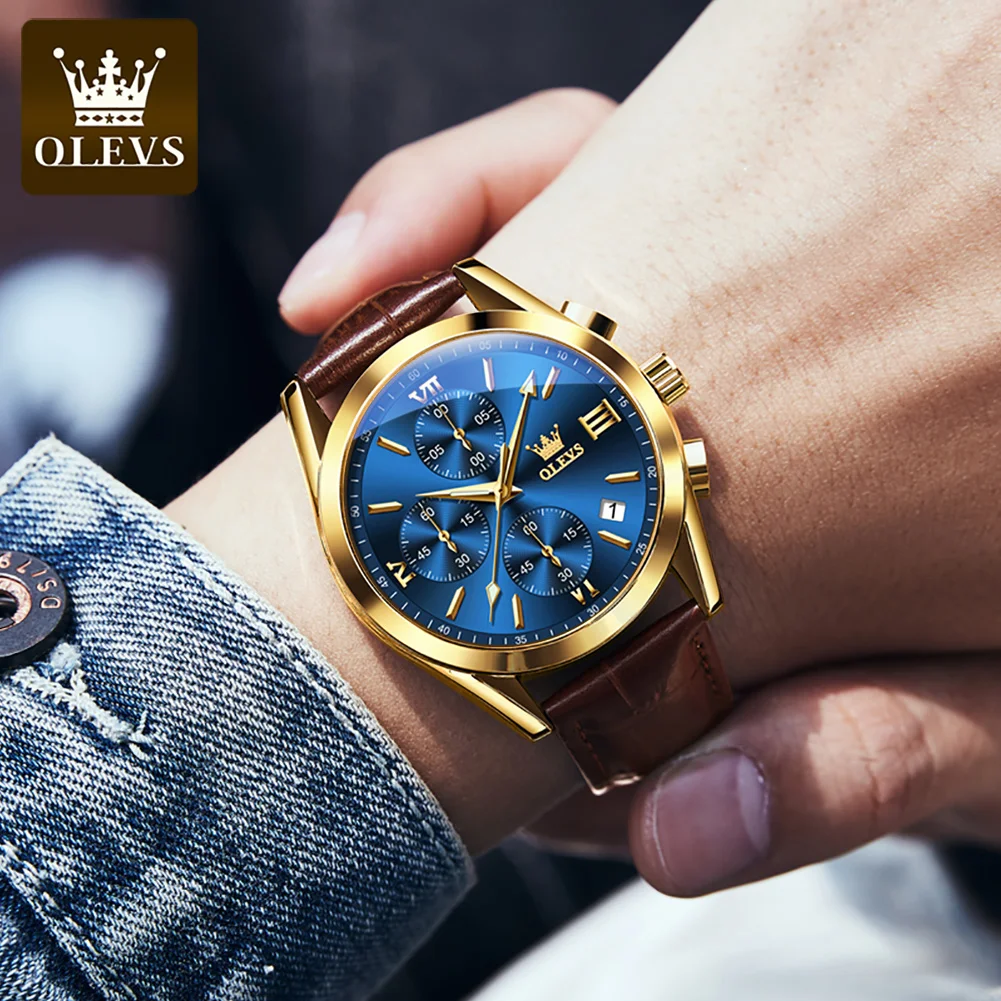 OLEVS 2872 Quartz Watch For Men Luxury Calendar Chronograph Waterproof Luminous Leather Wristwatch Top Brand Business Man Watch