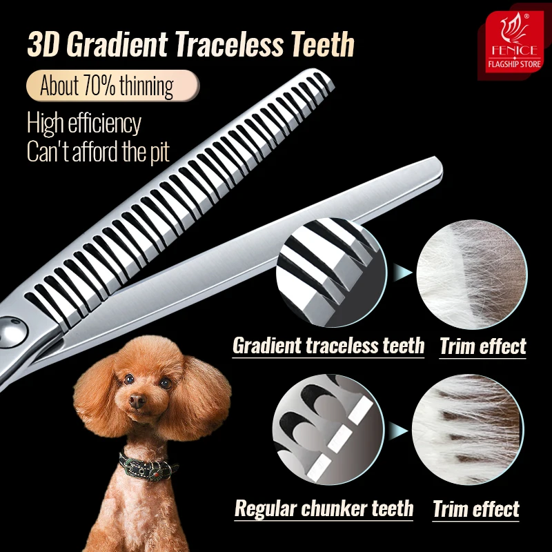 Fenice VG10 Steel 7Inch 3D Gradient Traceless Dog Grooming Straight/Curved Chunker Scissors Bearing Screws Pet Scissors 70% Rate