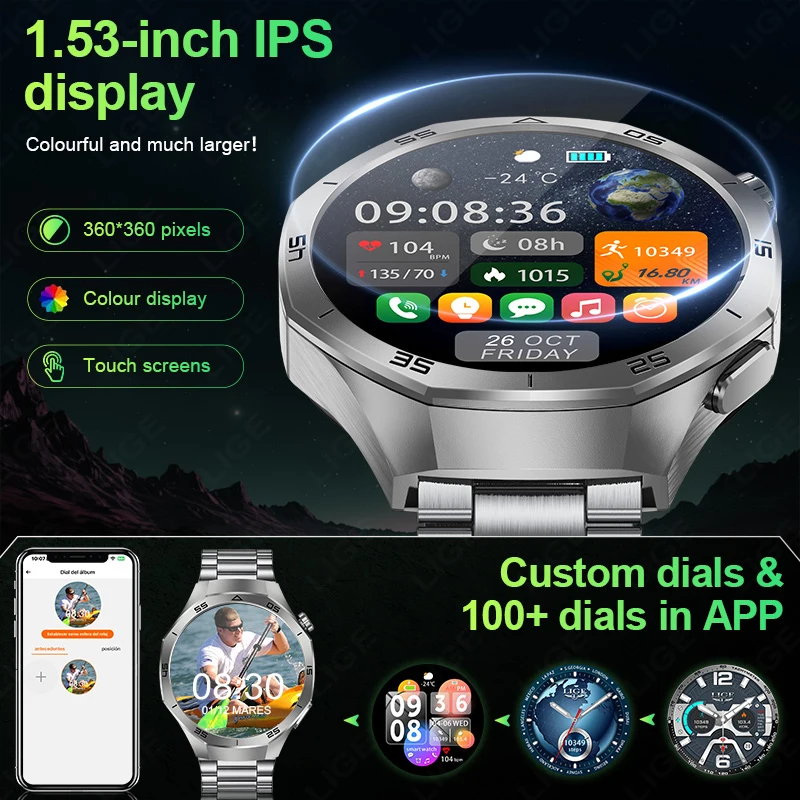LIGE Smart Watch Outdoor Sports Waterproof Men 1.53" HD Screen Heart Rate Monitor BT Call Fitness Men Smartwatch For Android IOS
