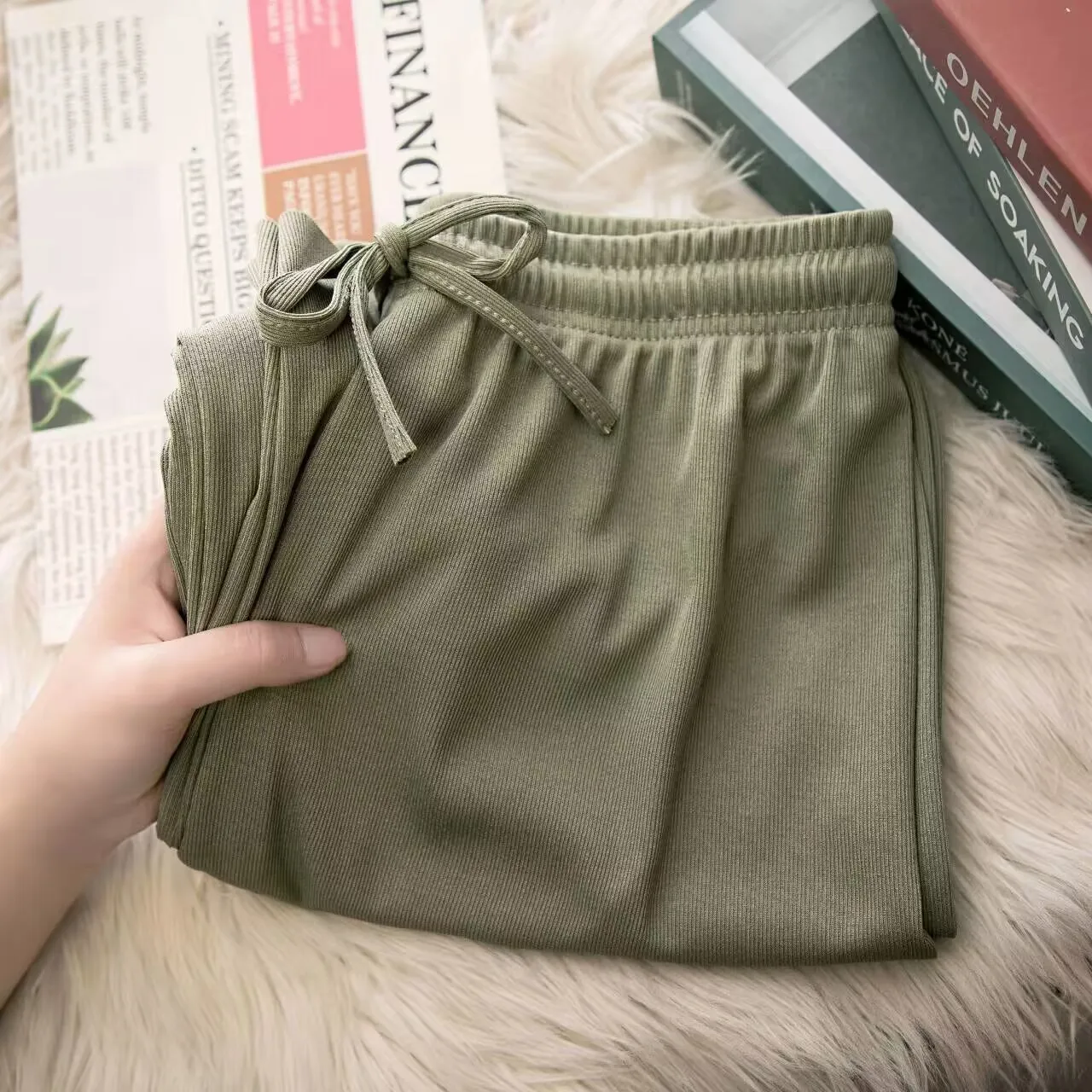 Women Black Ice Silk Wide Leg Pants Summer