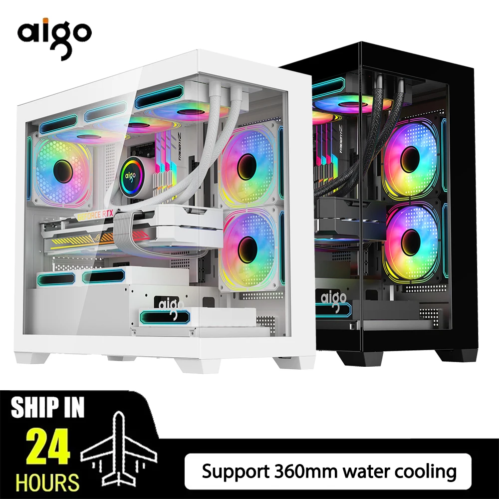 Aigo PC-Gehäuse M-ATX/ITX Gaming-PC Desktop-Gehäuse Unterstützt 360mm Wasserkühlung Seitenfenster Computer-Gehäuse Mehrseitig Abnehmbar