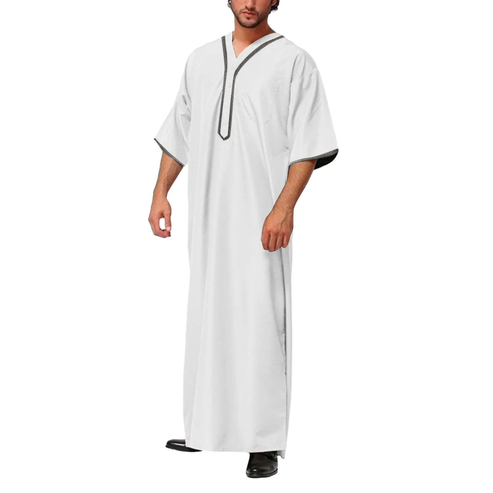 Muslim Men Jubba Thobe Short Solid Color Button Middle Robe Saudi Musulman Shirt Stand Collar Islam Arabic Kaftan Men Abaya