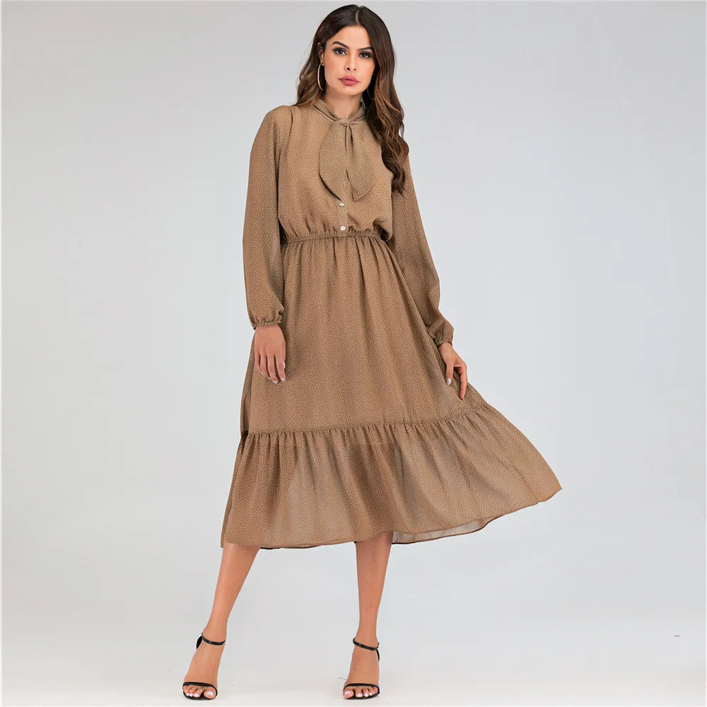 

Fashion Abaya Muslim Chiffon Print High Waist Bow Dress Ruffles For Women Long Sleeve Dubai Kaftan Party Gown Clothing Vestidos