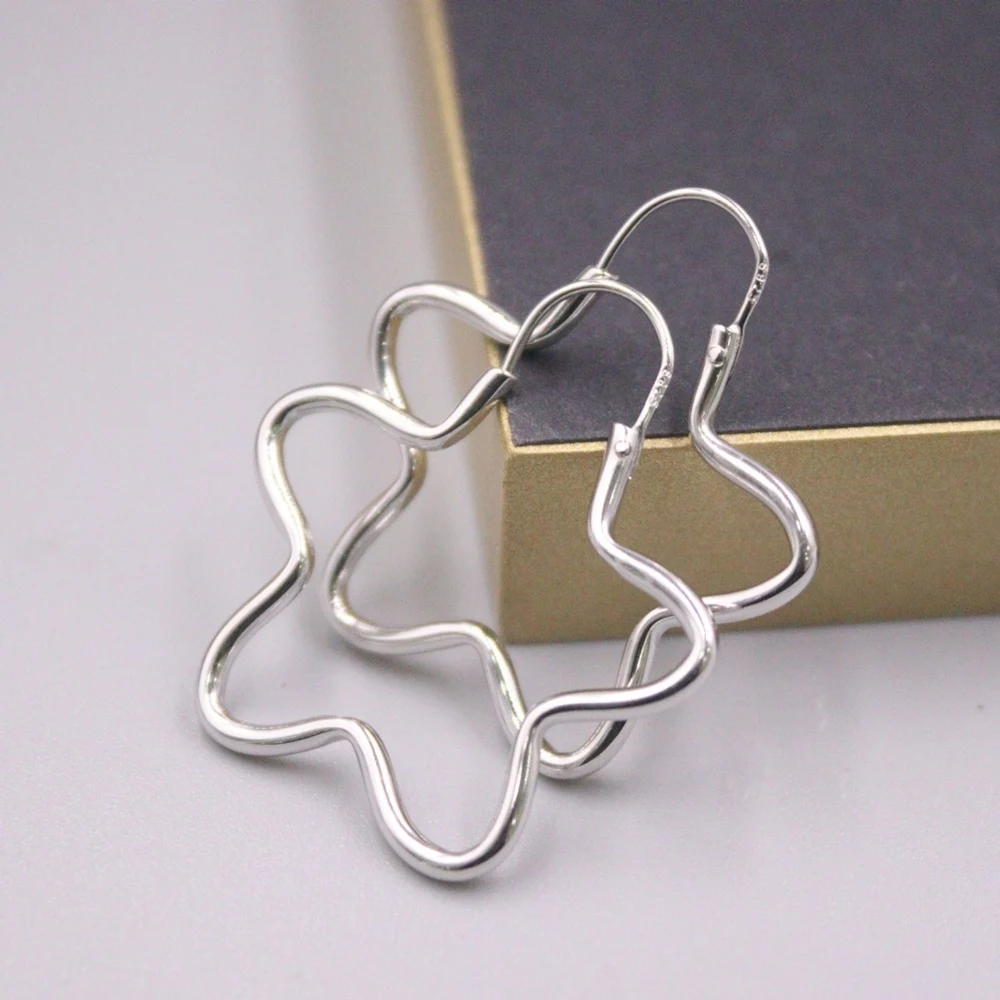 Real Solid 925 Sterling Silver Hoop Women Gift Lucky Hollow Glossy Flower Earrings