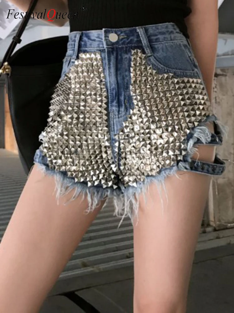 

Y2K 2023 Summer New Women's Metal Rivet Wide Leg Denim Shorts Hot Pants Loose Tassel High Waist Slim Zipper Button Female Jeans