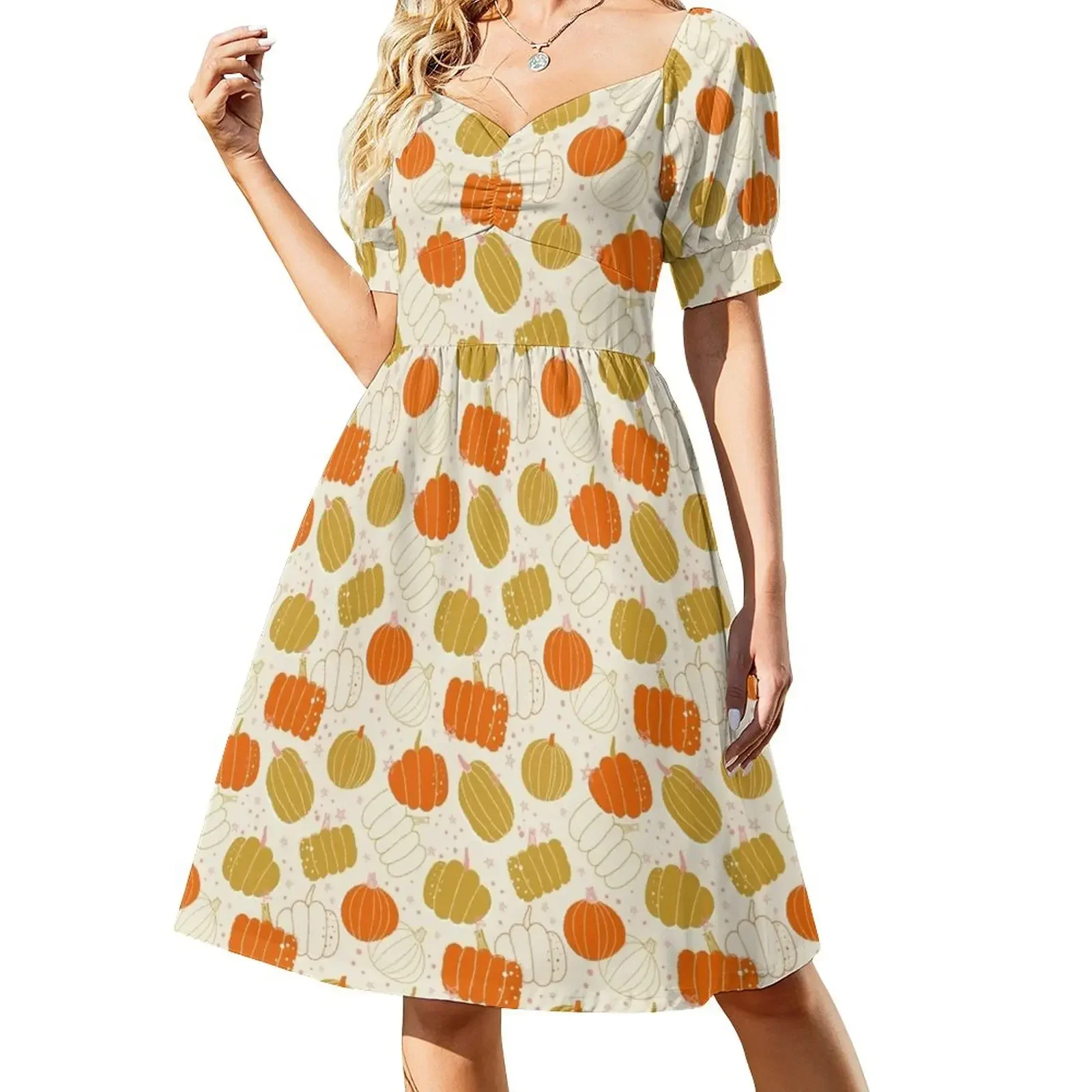 Calabazas lindas de Halloween, regalo de Halloween para mujer, decoración del hogar de Halloween, calabazas brillantes, vestido de manga corta, vestido vendaje