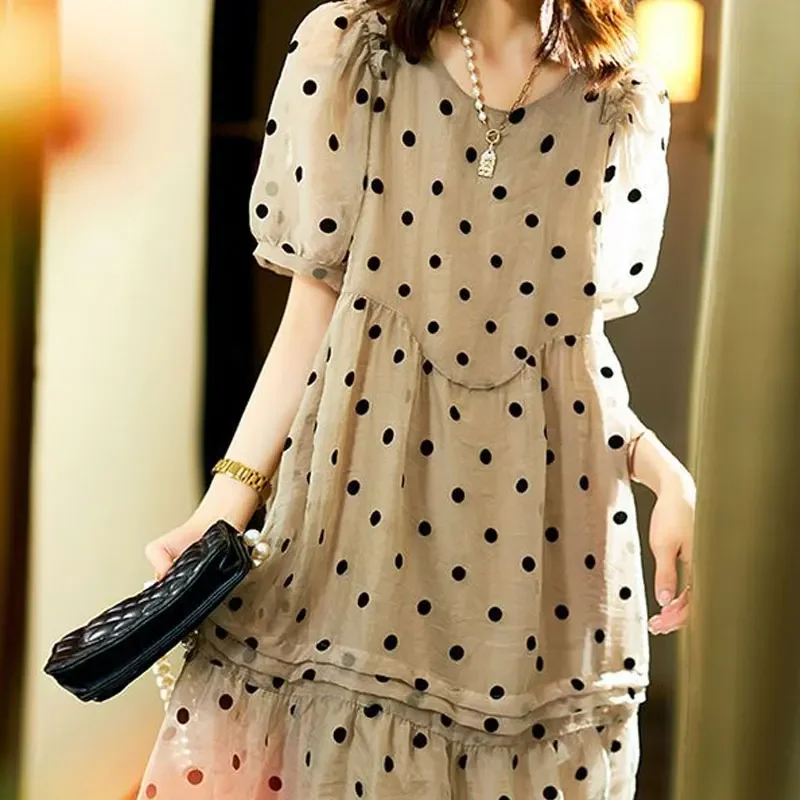 

Sweet Stylish Polka Dot Printed Chiffon Midi Dres Elegant Folds Patchwork Women's Clothing Loose A-Line O-Neck Dresses L93