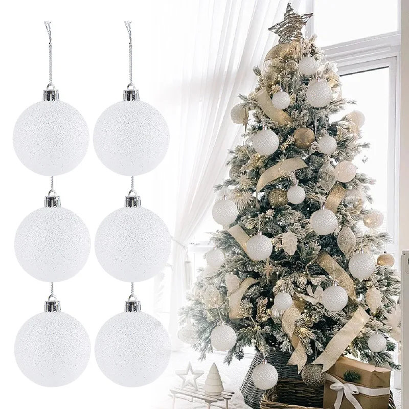 

6pcs 6/8cm White Christmas Balls Ornament Glitter Plastic Xmas Tree Ball Baubles Hanging Pendants New Year Party Home Decoration