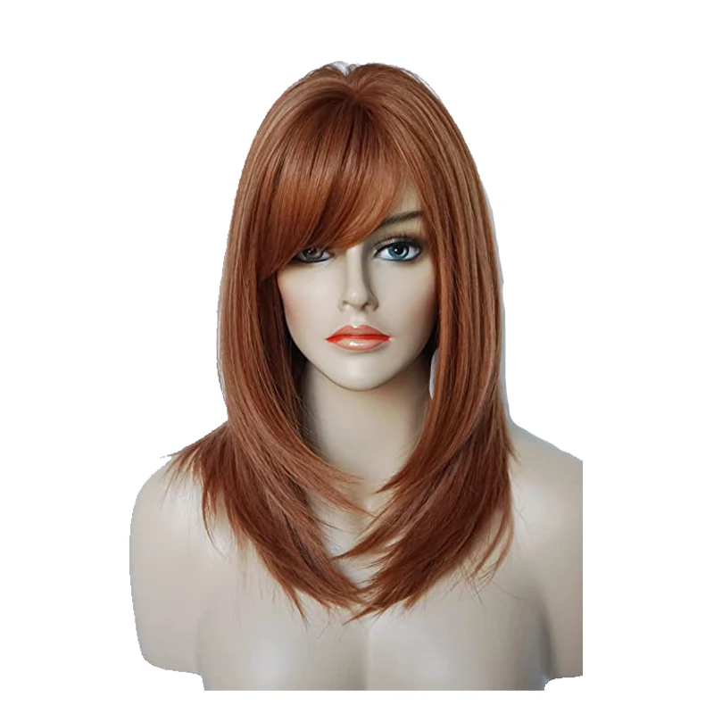 

WHIMSICAL W Layered Wigs Medium Length Wigs Copper Wig with Bangs Synthetic Heat Resistant Wigs for Women Daily Party