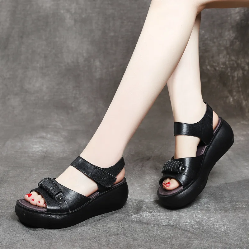 

Summer New Pu Leather Thick-soled Platform Wedge Sandals Women Open Toe Soft-soled Black Brown Shoes