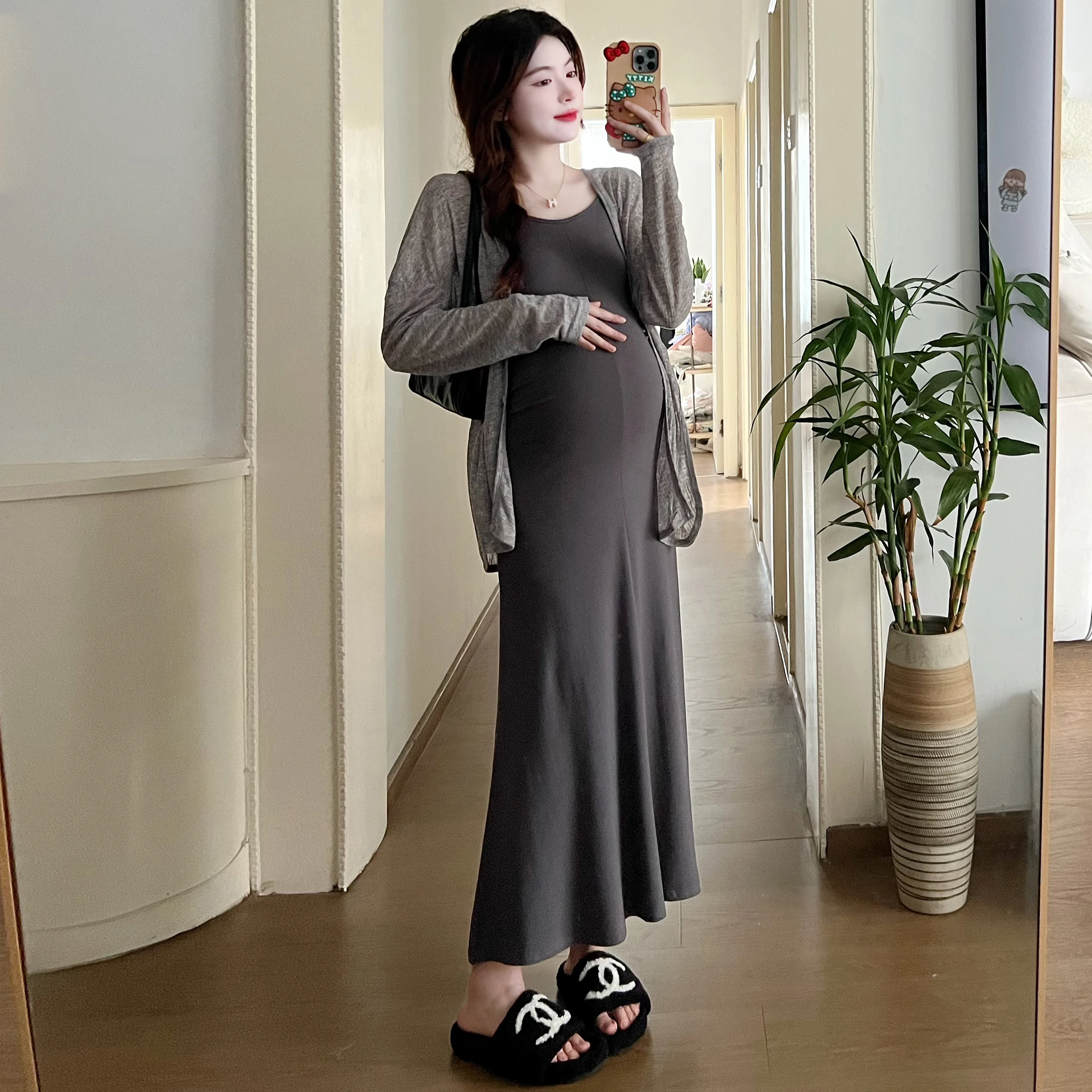 Spring Maternity Clothes Set Back Split Long Sleeve Knitting Cardigans Strap Dress Twinset Fashion Pregnant Woman Suits