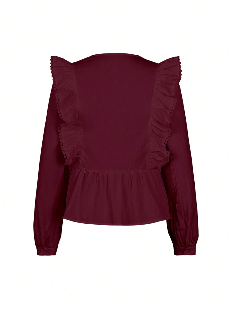 Übergröße 2026 Herbst Neuheiten Damen Casual Einfarbiges Spitzenbesetztes Rüschen-Langarm-Oberteil Modisch und Elegant – Detail 22