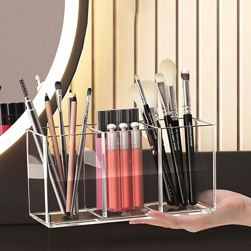 1PC Clear 3 Grids Makeup Brush Organizer Storage Lipstick Nail Polish Display Stand Holder Desk Stationery Pen Holder Makeup Organizer Pen Holder Makeup Storage Box Cosmetic Storage Box