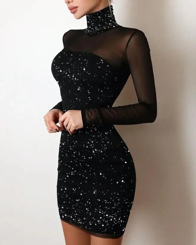 Glitter Bodycon Dress High Neck Contrast Mesh Polyester Plain Skinny