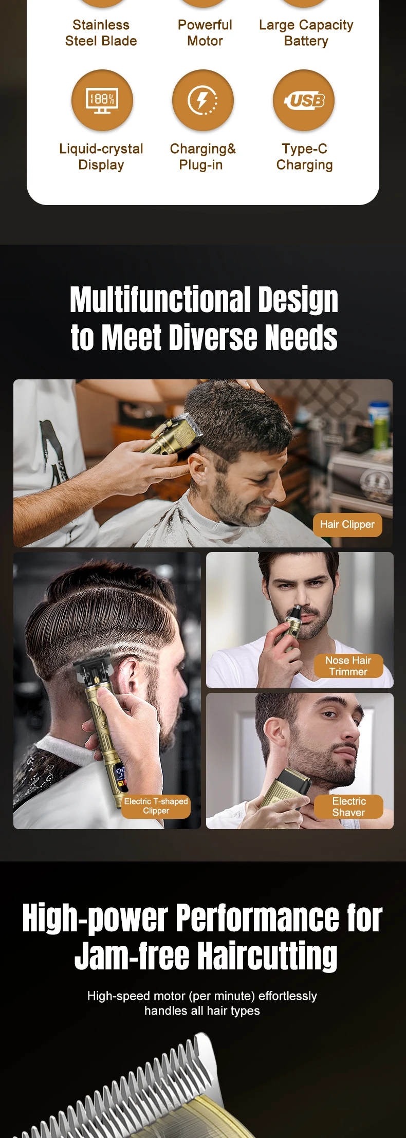 Description Picture 4 of itemRESUXI 993 4 in 1 Hair Clipper Set Men's Professional Hair Trimmer Reciprocating Electric Shaver Electric Nose Hair Clipper Kit