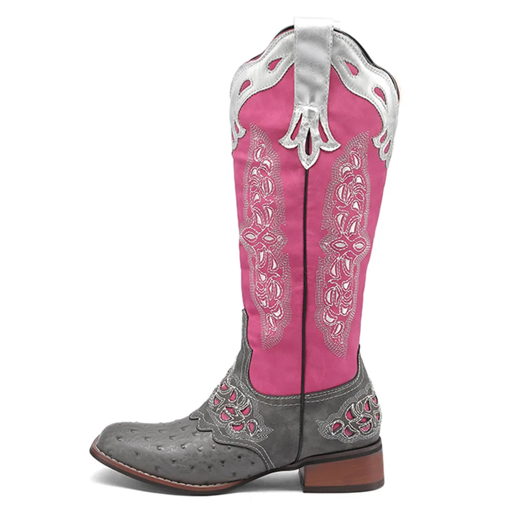 AOSPHIRAYLIAN Western Cowboy Patchwork Sewing Floral Boots For Women 2023 Knee High Retro Cowgirl Riding Women's Shoes Boots
