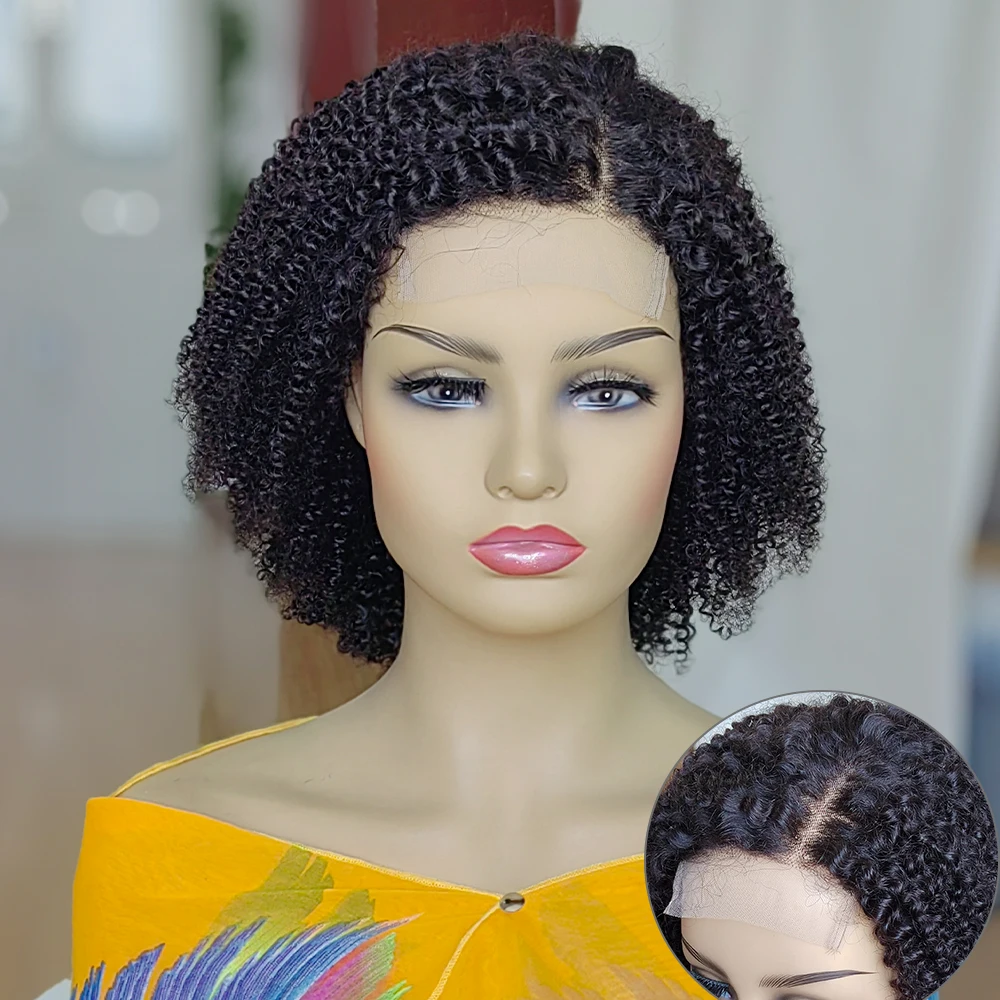 Parrucca in pizzo con chiusura 4x4 riccia Jerry 4C Kinky Edges, parte laterale, 100% capelli umani, pre-pizzicata, parrucca frontale in pizzo corto_voghion.com