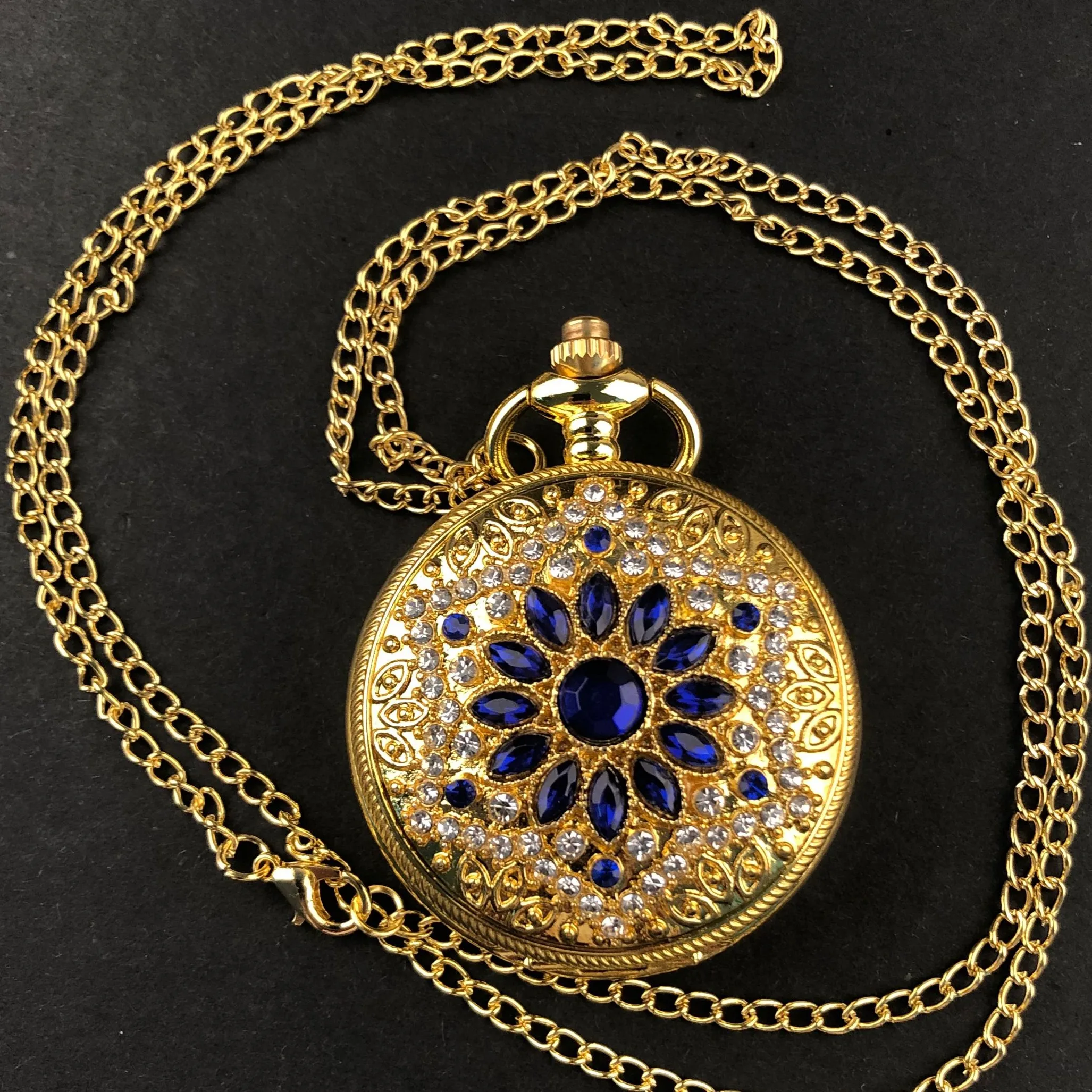 절묘한 블루 다이아몬드 꽃 쿼츠 포켓 시계, 아랍어 숫자 목걸이 펜던트 시계, 남녀공용 학생 선물, 팝 장식