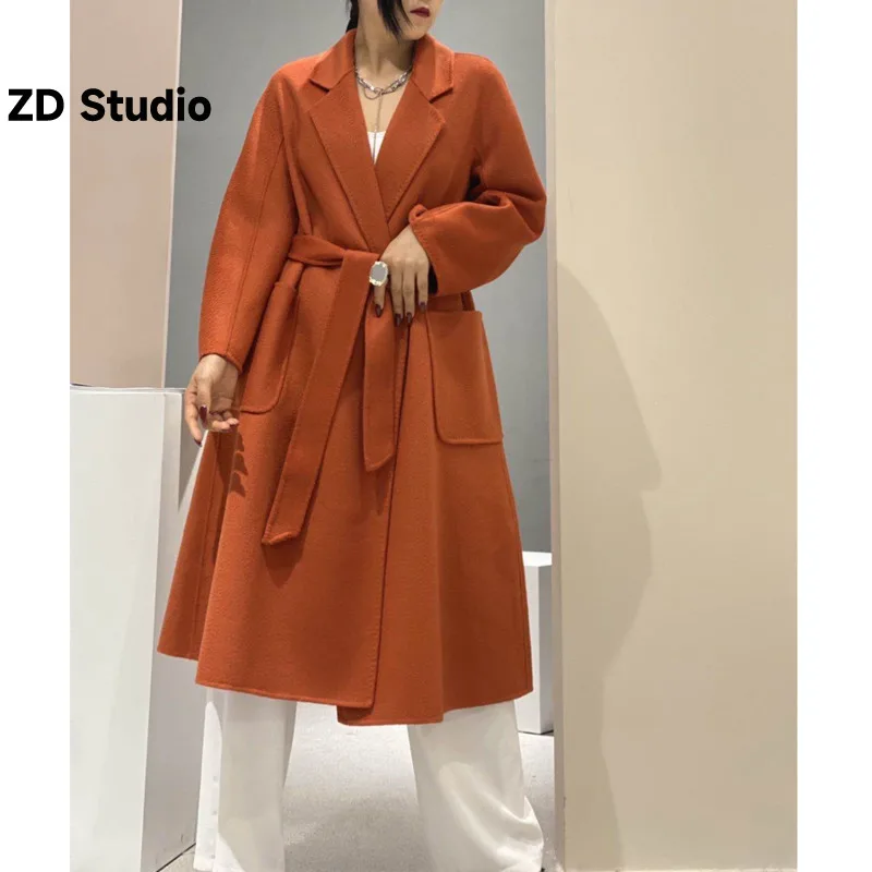 

[ZD Studio] Popular 2023 high end water ripple double-sided Wool coat women long bathrobe style autumn winter coat female 2A462