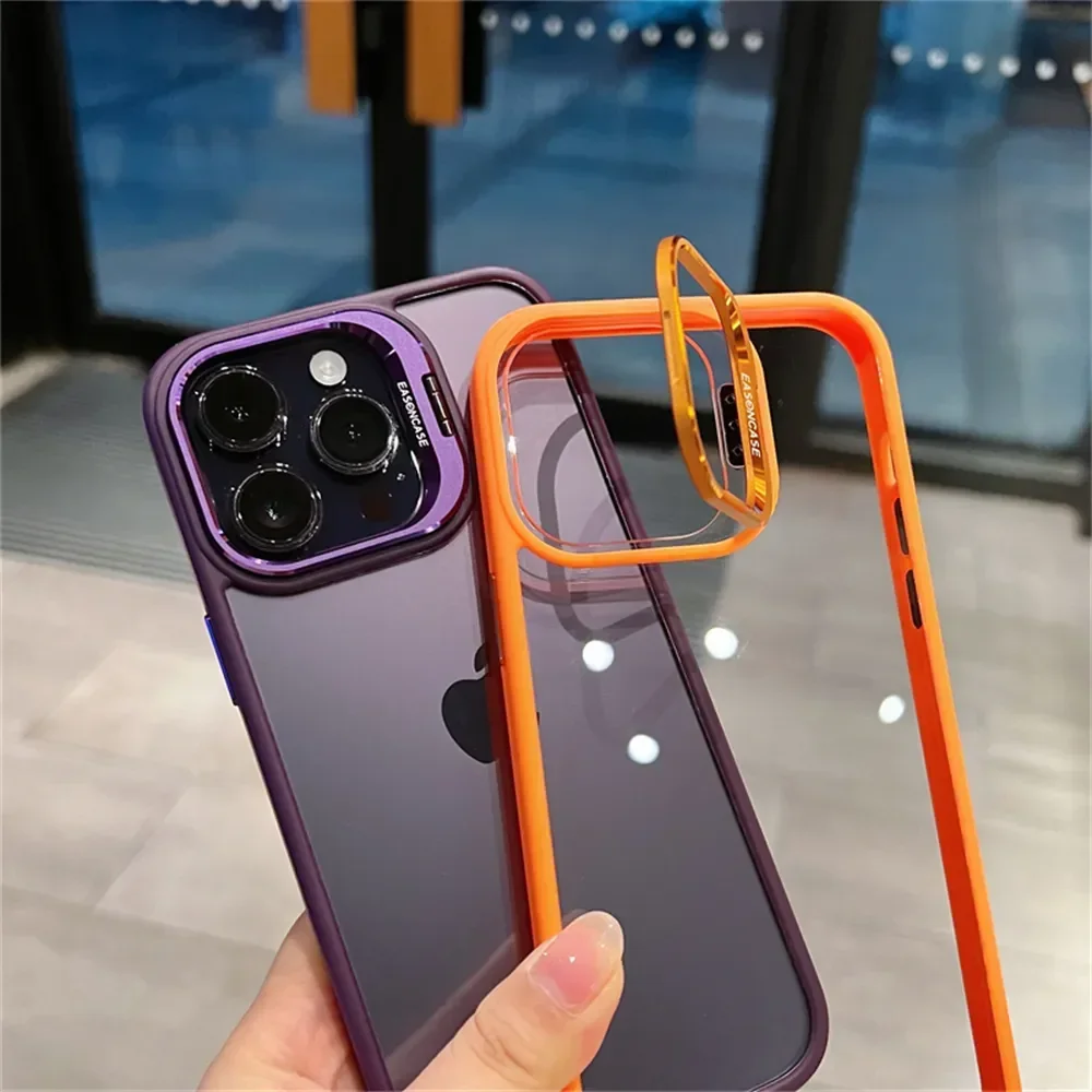 Lens Metal Ring Protector Stand Case with Camera Glass Protection and Transparent Back Cover