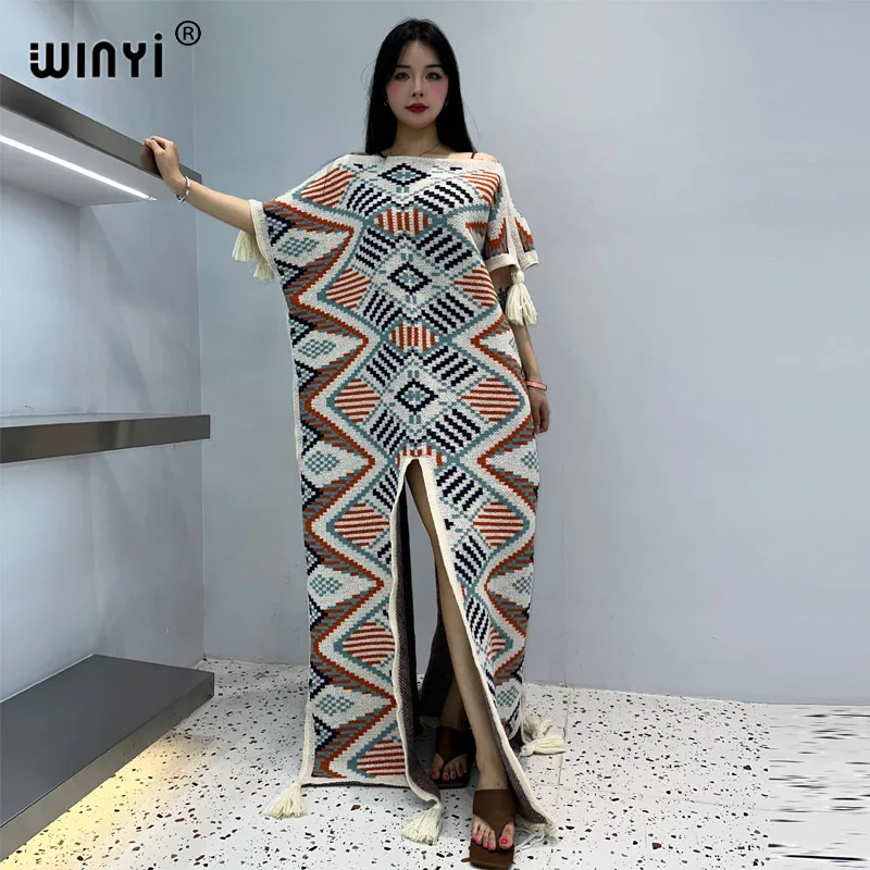 

WINYI new Geometric print Comfort Warm fashion Caftan Holiday dress Elegant Africa Boho party winter kaftan for women long dress