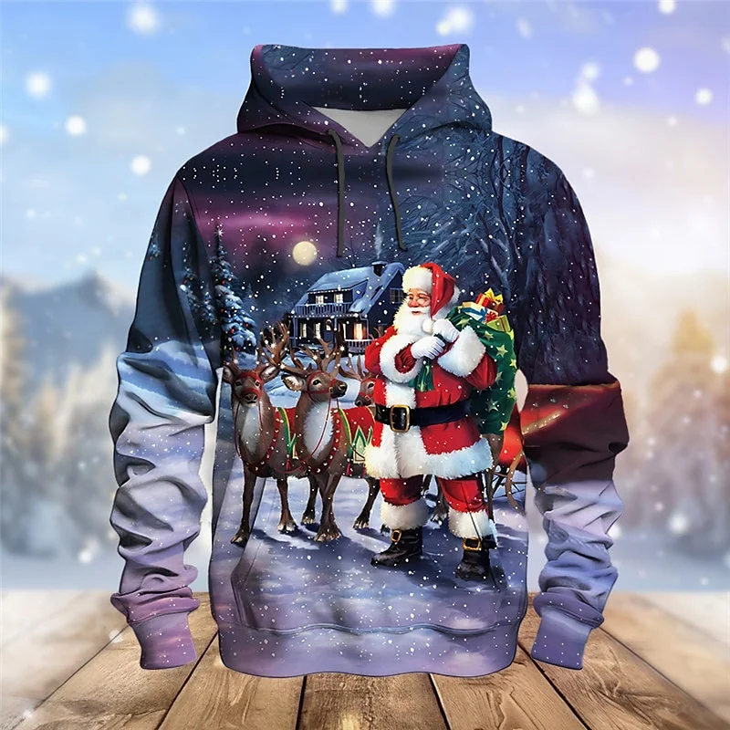 thumbnail image 1 of Sudadera con capucha de Papá Noel divertida con estampado 3D para hombre, sudadera informal de manga larga con patrón de alce navideño, sudadera holgada unisex, 1 of 4
