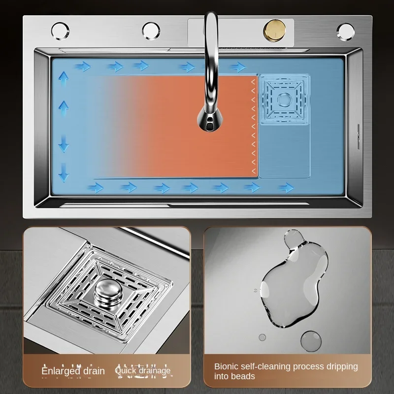 Nano 304 Stainless Steel Sink Waterfall Large Single Slot Kitchen Sink Vegetable Stainless Steel Household Sink 4