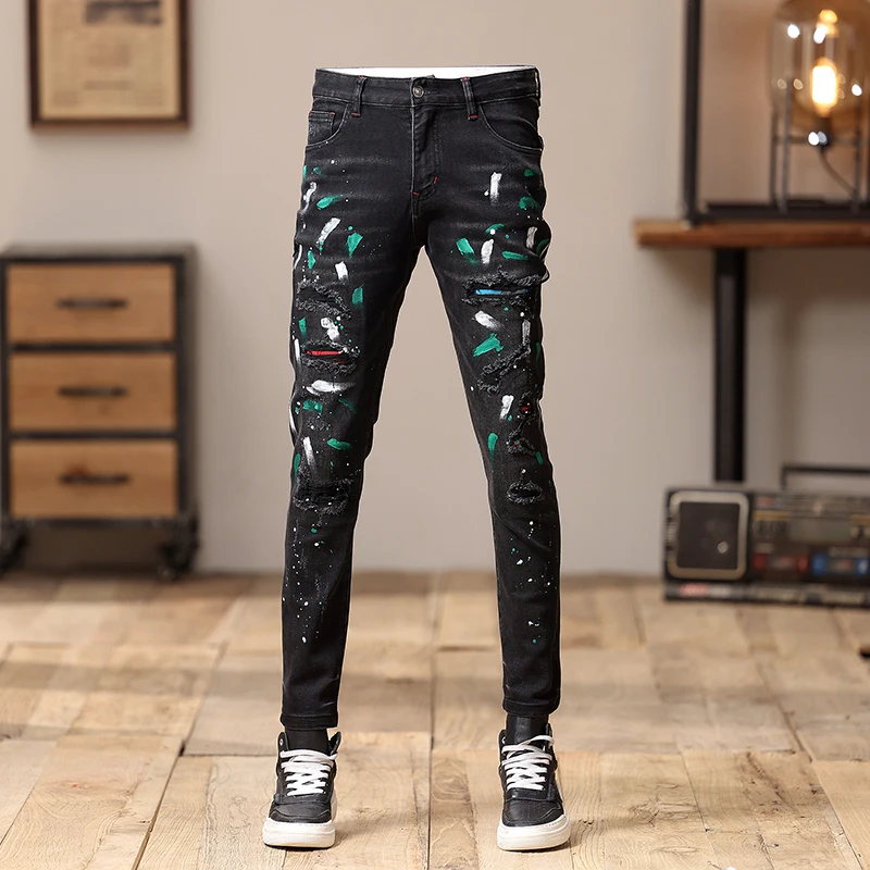 Streetwear Fashion Men Jeans Retro Black Gray Stretch Skinny Fit Ripped Jeans Men Painted Designer Splashed Hip Hop Denim Pants street style fashion men jeans black color elastic slim fit ripped jeans men splashed designer hip hop stretch denim hole pants