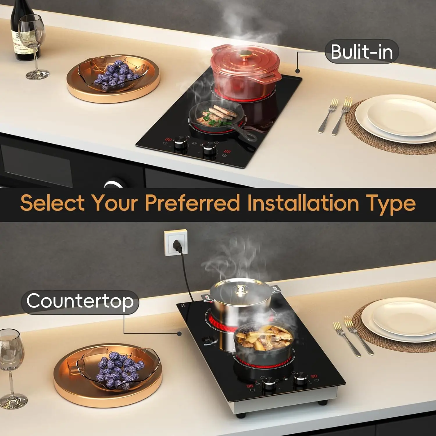 2 Burner Electric Cooktop 120V, 1800W Radiant Electric Stove Top with Countertop & Built-in Design, 12 inch Knob Control