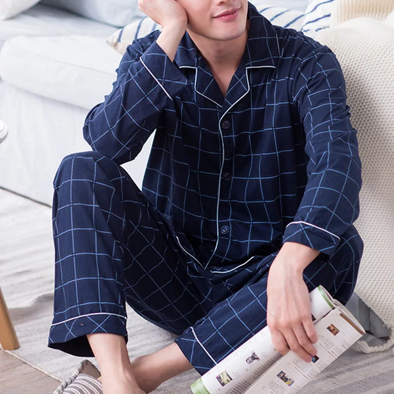 plus size pajama pants Men Spring Autumn Pajamas Set 2 piece Cotton Long Sleeves Plaid Sleepwear Lounge Homewear Loungewear Winter Home Clothes mens cotton pajama pants Men's Sleep & Lounge