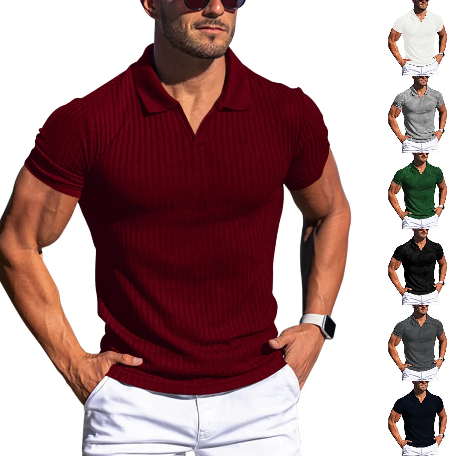 Men Short Sleeve Slim Tshirts Summer Solid Knit Tee Tops