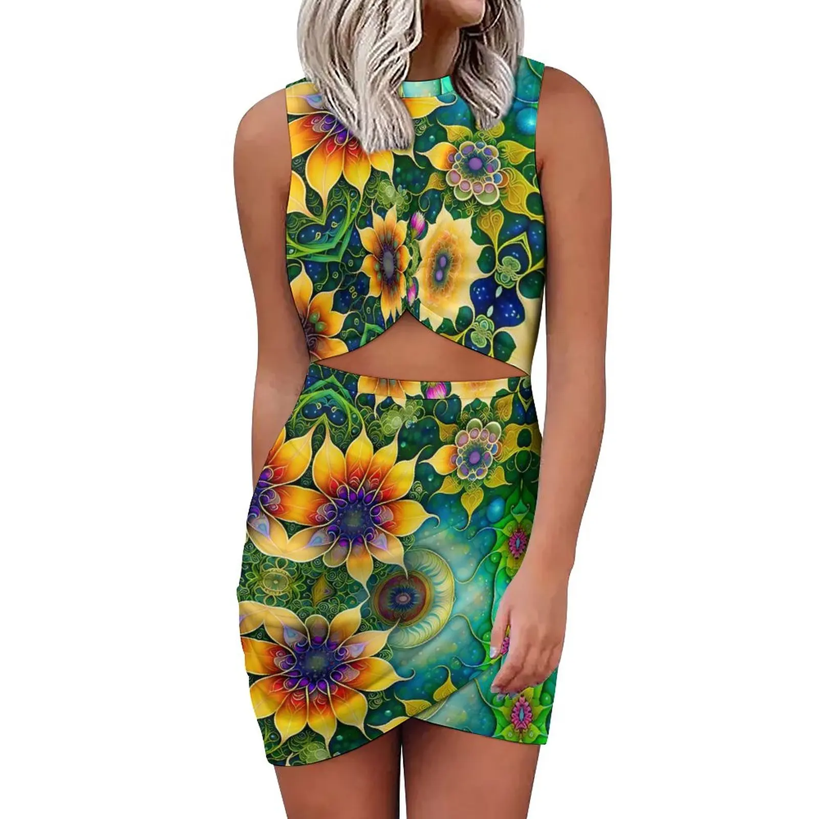 

Sunflower Dress Sleeveless Floral Print Party Dresses Summer Modern Bodycon Dress Female Pattern Oversized Clothing