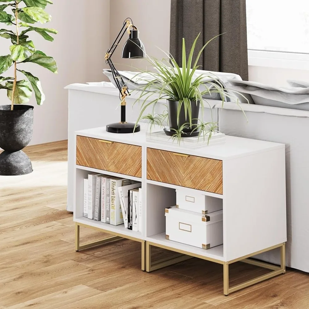 

Nightstand Side Accent or End Table With Storage White/Gold - Set of 2 Bed Bedroom Furniture Home