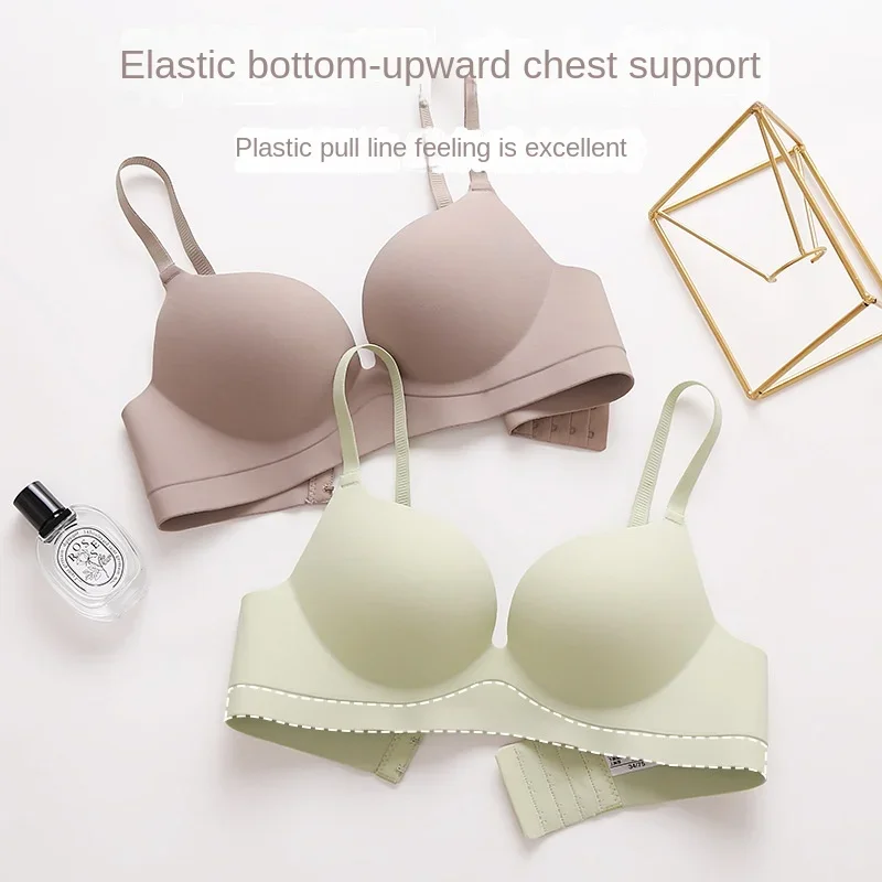 Women Gathered Seamless Lingerie Solid Small Breast Wireless Push Up Bra One Piece Thickened Comfortable Anti Sagging Invisible 2
