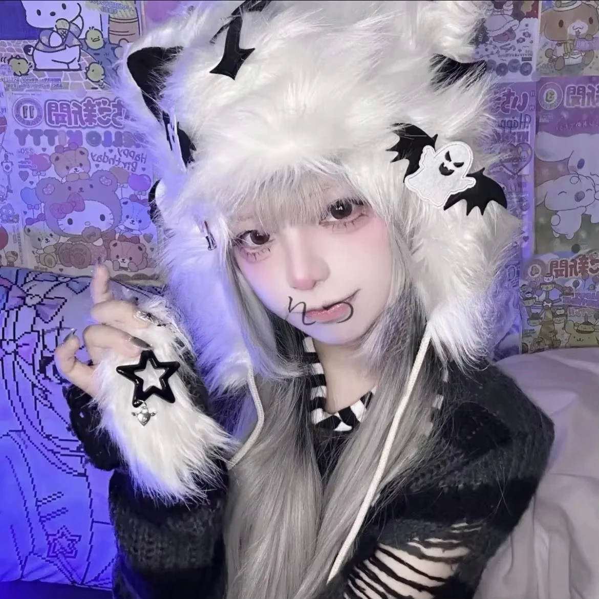 Grunge Berretti Crochet Cappelli Lavorati A Maglia per Le Donne Ragazze Volpe Orecchio di Gatto Goth Emo Alt Y2K Accessori Grunge Vestiti, Grigio, Taglia Unica