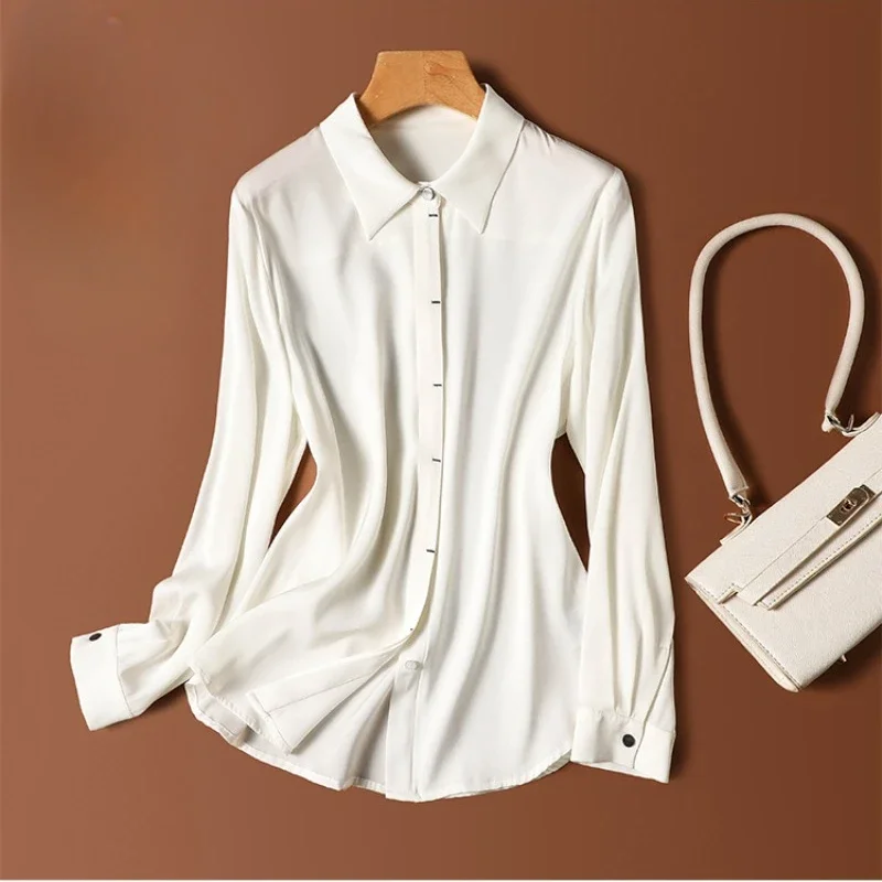 Satin Women's Shirt Summer Solid Vintage Blouses Loose Long Sleeves Women Tops Silk Fashion Polo-Neck Clothing 2024 Korean