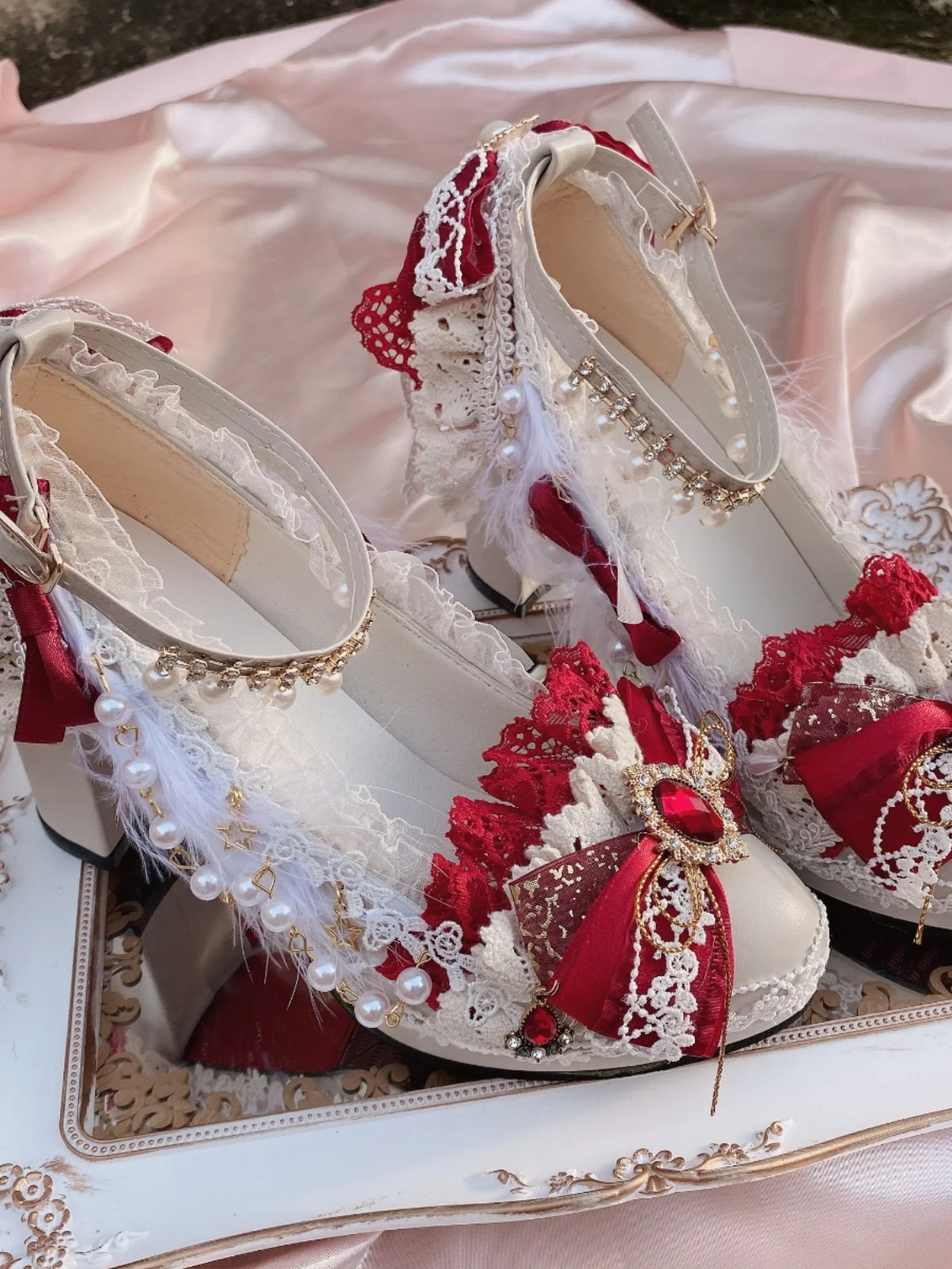 

Girl Lolita Handmade Red/white Flower Wedding High Heels Chinese Style Women's Tea Party Lo Handmade Stage Performance Shoes
