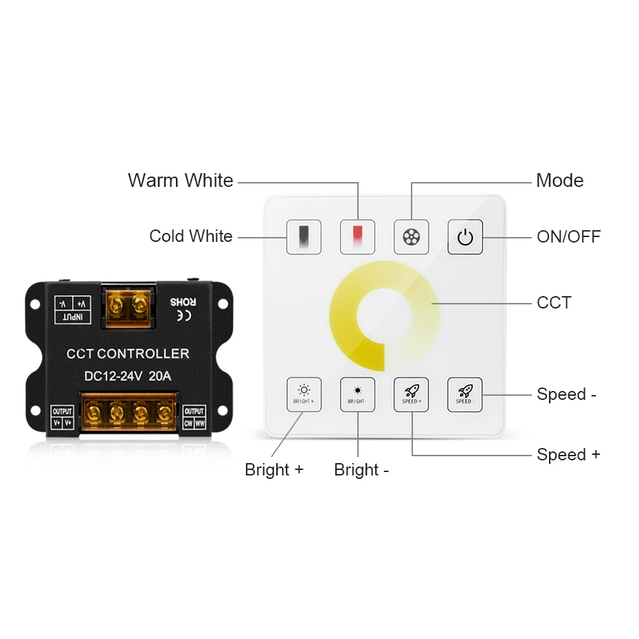 CCT 86 Touch Panel Dimmer Switch RF Remote Control For 12V 24V CCT Led Strip Light Dimmable WW CW 2700K to 6500K Adjustable