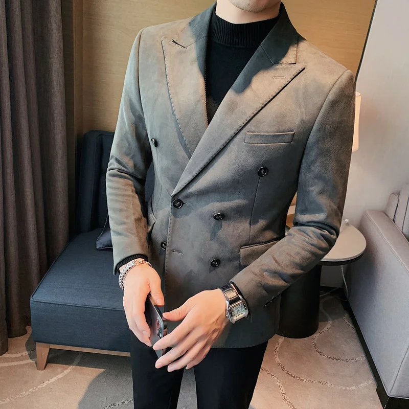 Spring Korean Fit Solid Color Two Grain Double breasted Suit Brand Clothing Men's Suede Fabric Fit Fashion Suit Jacket