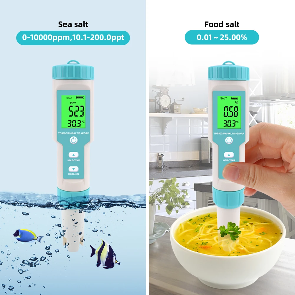 7 in 1 Salinity Meter PH TDS EC ORP S.G TEMP Water Quality Tester IP67 Swimming