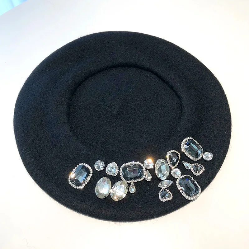 Hot Sale Beret Lady Thick Rhinestone Brimless Thermal Decor Wool Artist French Style Painter Hat Women Headwear_vogarts.com