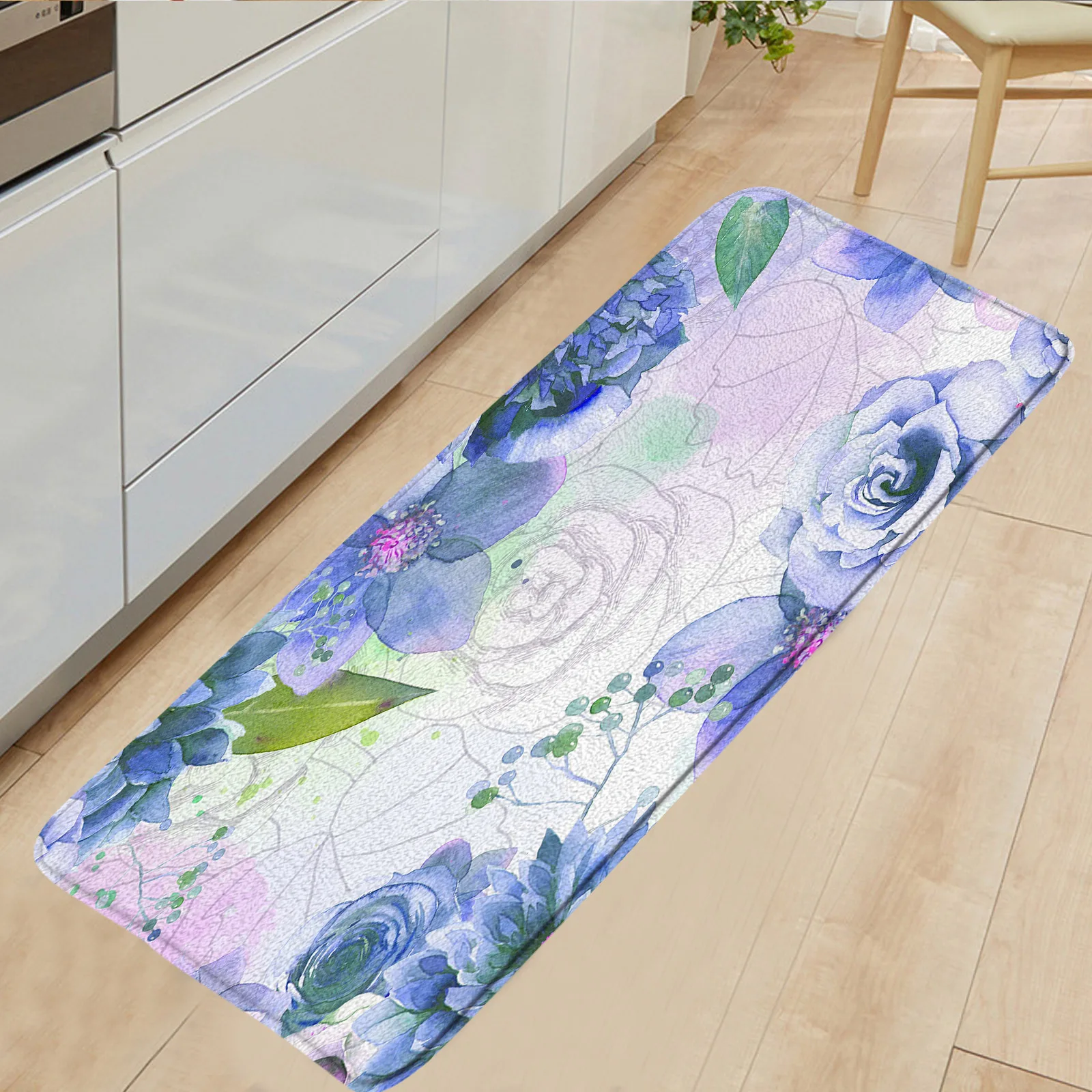 

Flowers Kitchen Mat for Floor Blue-purple Pink Watercolor Floral Home Entrance Doormat Bedroom Room Decor Bathroom Anti-Slip Rug