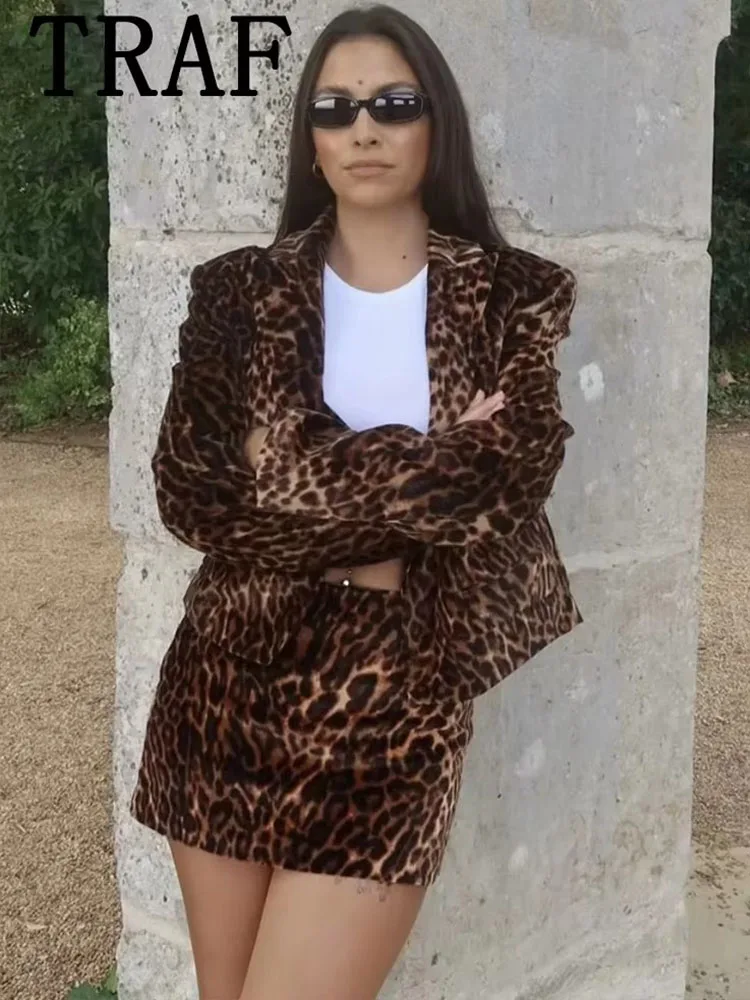TRAF Fashion Long Sleeve Blazers Top Women 2 Pieces Leopard Printed Mini Skirt Sets Women's Suit Two Piece Set Women Outfit 3