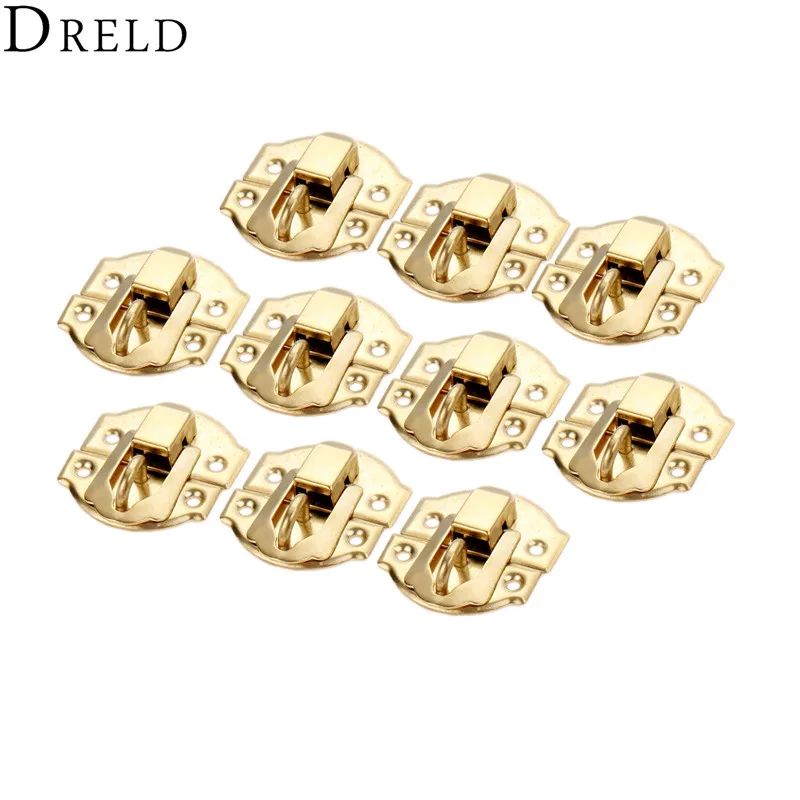 DRELD 10pcs Gold Box Latches Hasps Lock Catch Latches Furniture Fittings Jewelry Chest Box Suitcase Buckle Clip Clasp 27*29mm