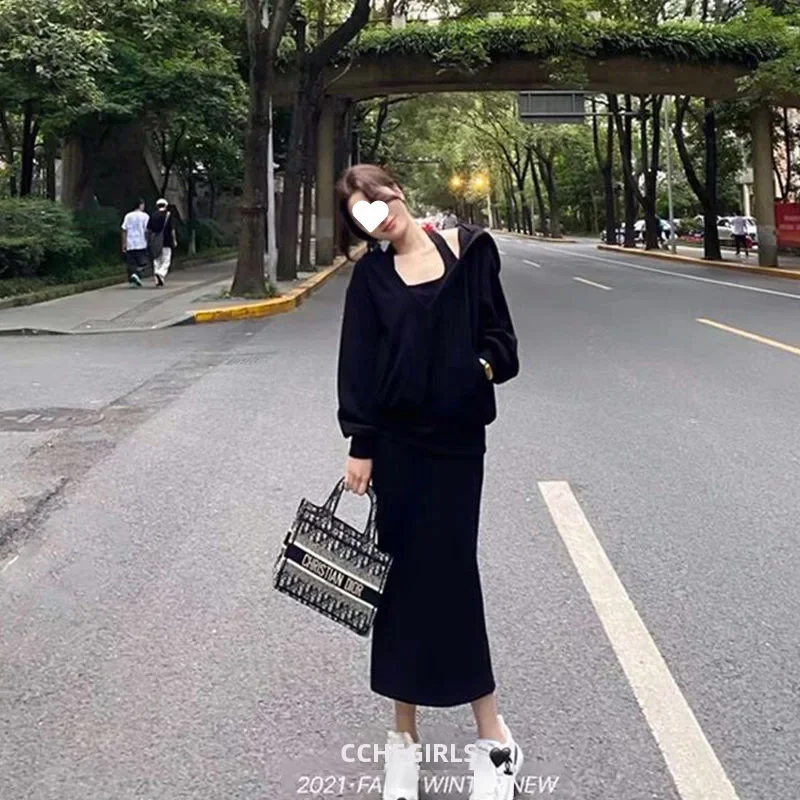임산부용 맨투맨 홀터 넥 원피스 2 피스 세트, 몸집이 작은 출산 세트, 가을 컬렉션, 2024 새로운 스타일