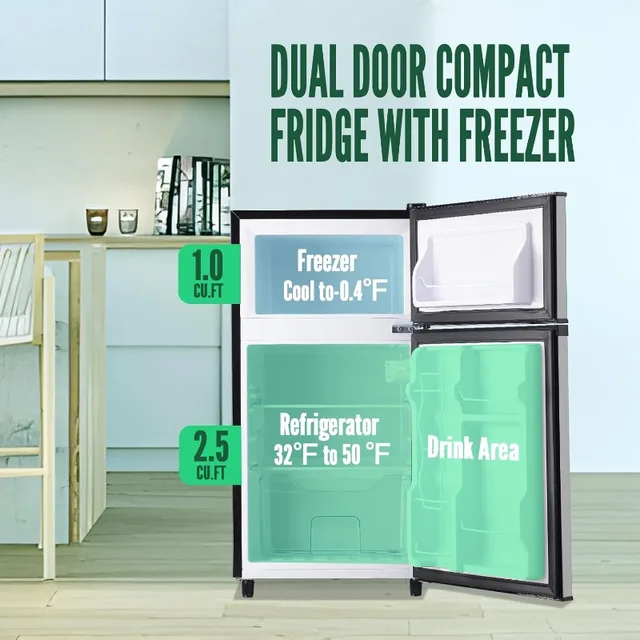 WANAI Mini Fridge with Freezer, 3.5 Cu.Ft Double Door Small Refrigerator,Freestanding Fridge with 7 Adjustable Thermostat,Silver 2